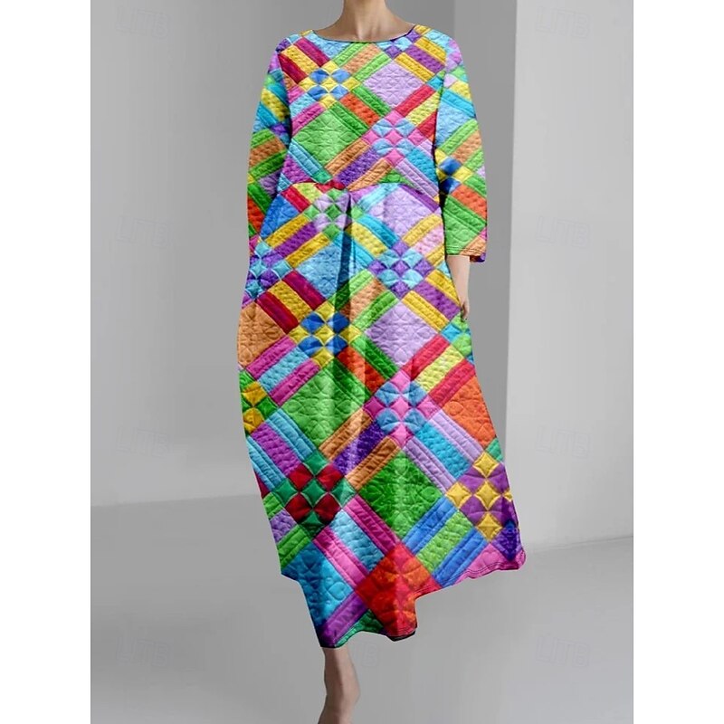 Women's Maxi Dress A Line Dress Fit And Flare Dress Party Casual Boho Wedding Party Wedding Guest Loose Fit Graphic Geometric Long Sleeve Crew Neck Pink Blue Green Spring Fall Winter Autumn