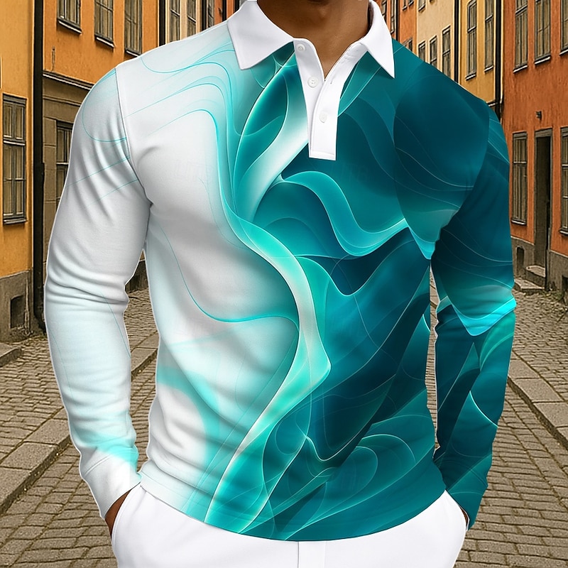 Men's Geometic Line Polo Long Sleeve Polo Shirts Lapel Business Casual Athleisure Daily Wear 3D Print Buttons Spring Fall Winter Red Blue Green