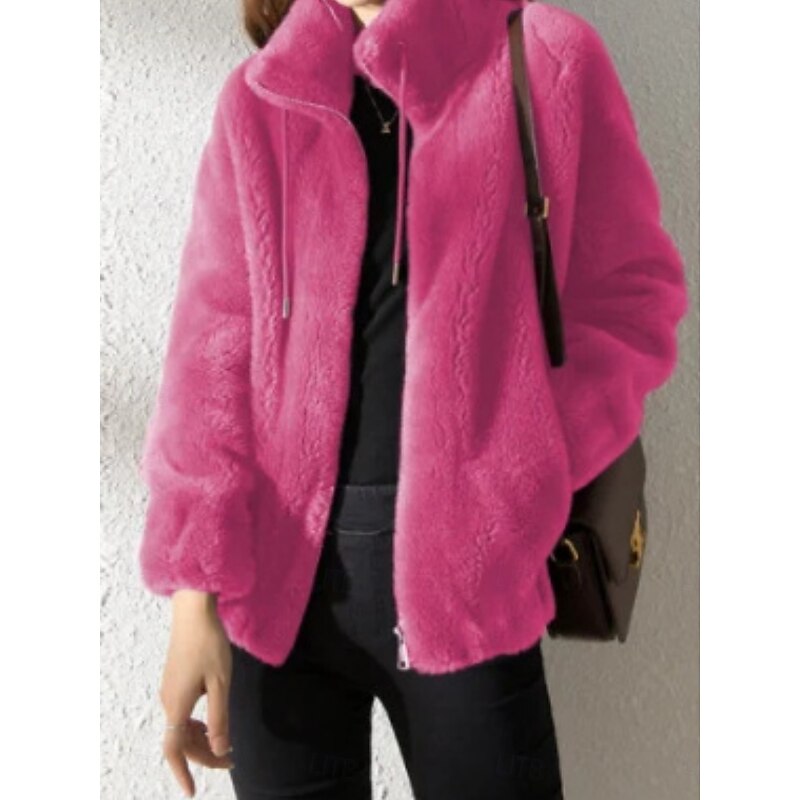 Women's Sherpa Jacket Casual Jacket Comfortable Breathable Zipper Casual Plain Vacation Street Casual Daily Wear Zipper Regular Stand Collar Regular Fit Long Sleeve Outerwear Black Purple Fuchsia2
