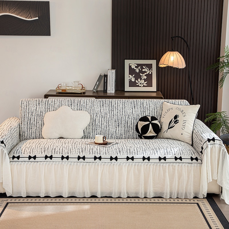 Bow Skirt Couch Cover for Pets, Pet-Friendly Printed Sofa Towel Slipcover, Dustproof Non-Slip Elegant Sofa Protector for 1-4 Seat and L-Shaped Sofas