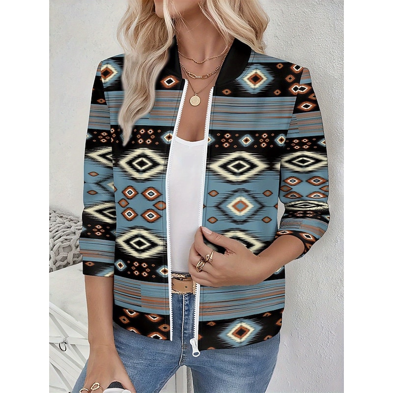 Women's Casual Jacket Warm Quick Dry Zipper Pocket Elegant Fashion Daily Simple Geometric Vacation Casual Daily Holiday Regular Baseball Collar Regular Fit Long Sleeve Outerwear Black Yellow Blue3