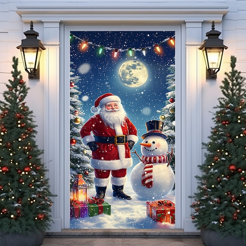 Christmas Door Cover Winter Holiday Curtain Decoration Festive Drapes Featuring Snowman And Santa Claus With Snowy Scene And Bookshelf Large Fabric Panel For Home Living Room Bedroom Entryway Decor3