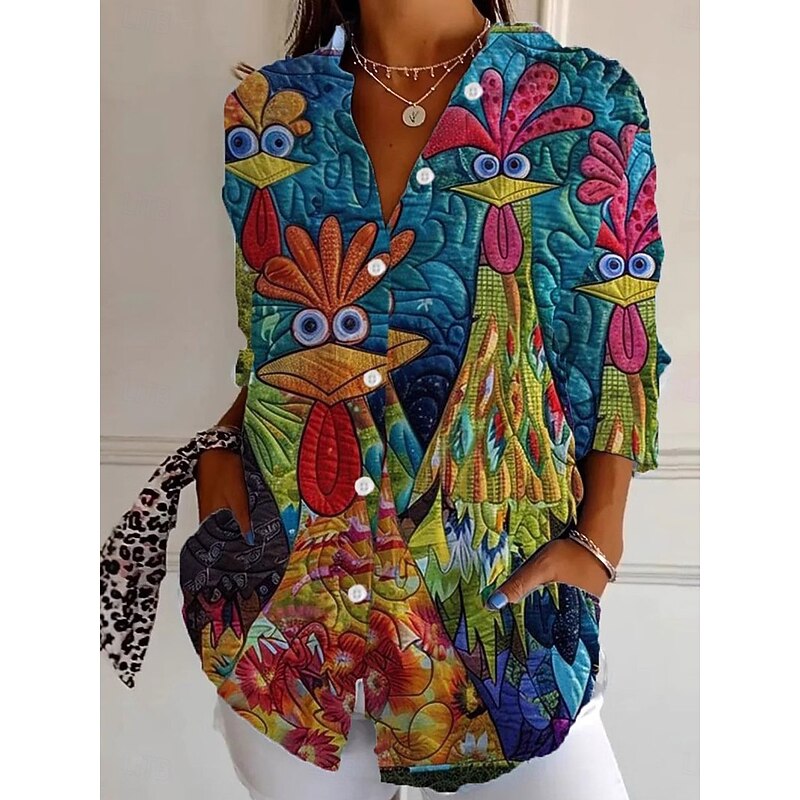 Easter Women's Shirt Graphic Animal Elegant Bohemia Vintage Long Sleeve Shirt Collar Regular Tops Work Daily Buttons Print White Yellow Blue Spring Fall Winter3