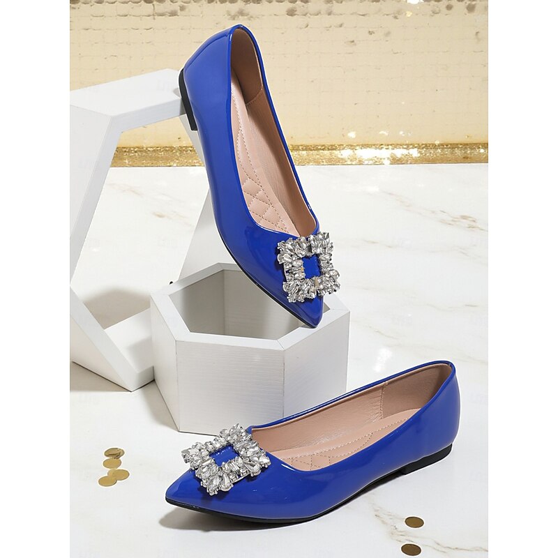 Women's Blue Patent Leather Pointed Toe Pumps with Rhinestone Buckle - Elegant Cocktail Party and Formal Occasion Shoes3