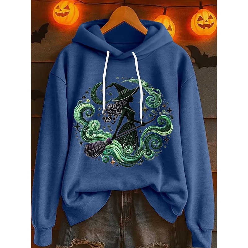 Halloween Women's Pullover Hoodie Sweatshirt Graphic Witch Vintage Fashion Western Long Sleeve Hooded Regular Tops Street Dailywear Holiday Print White Blue Orange Green Gray Fall Winter3