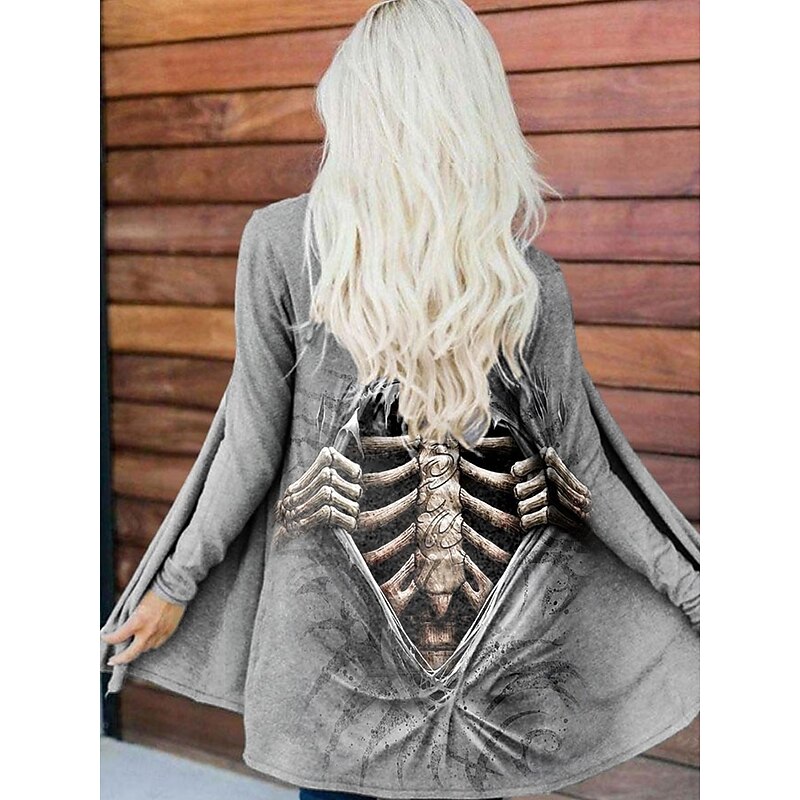 Women's Coat Lightweight Comfortable Print Vintage Fashion Artistic Casual Skull Casual Long Collarless Regular Fit Long Sleeve Outerwear Black White Orange Spring Fall