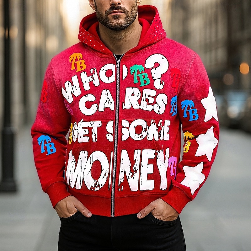 Men's Letter Hoodie Fashion Daily Hooded Outdoor Vacation Streetwear Black Red Zip Up Pocket Printing Spring Fall Designer4