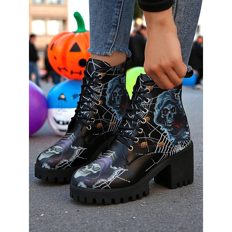 Women's Halloween Skull Spider Web Gothic Ankle Boots – Chunky Heel Lace-Up Faux Leather Shoes for Spooky Parties and Cosplay4