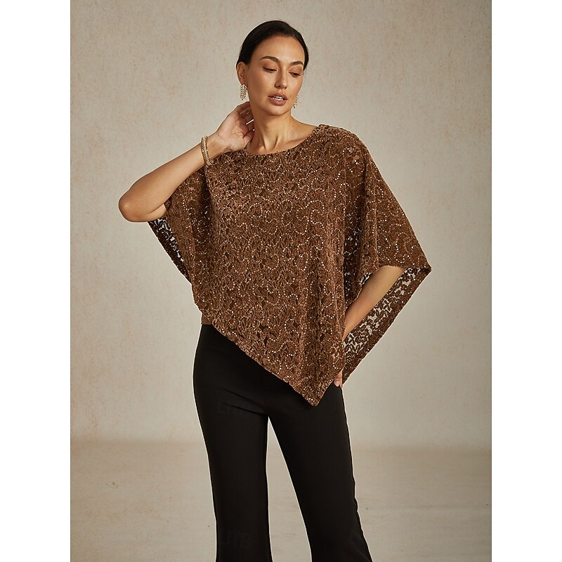 Women's Blouse Poncho Lace Tops Elegant Vintage Crew Neck Regular Tops Wedding Guest Party Evening Wear Evening Party Sequins Illusion Lace Brown Spring Fall