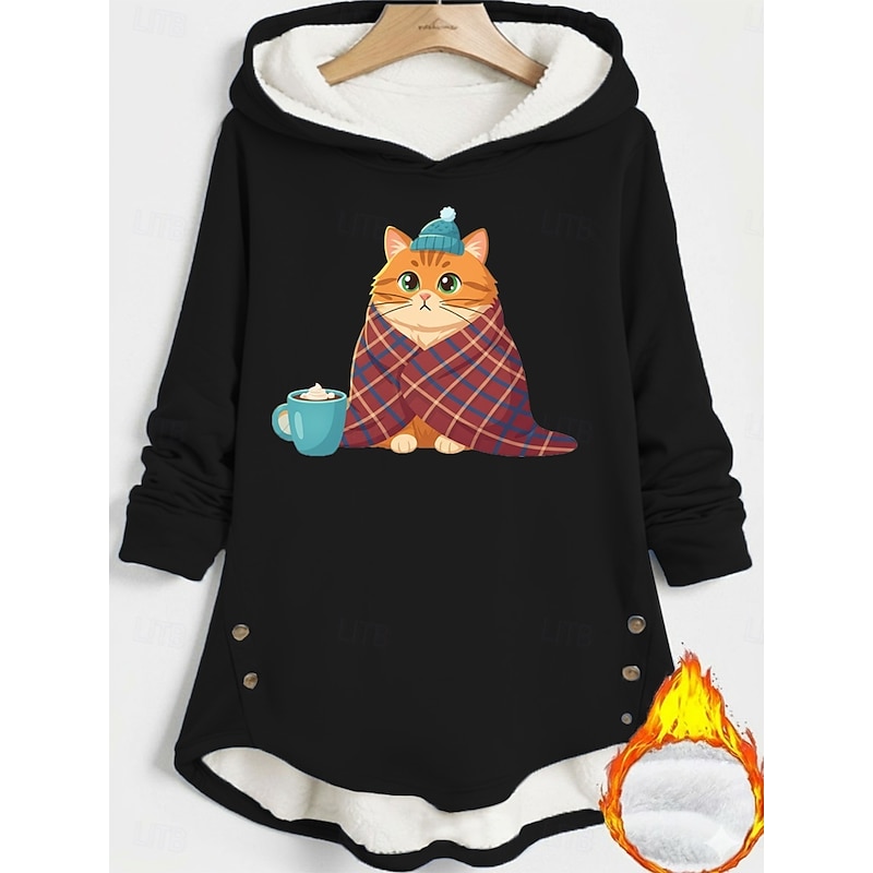 Women's Pullover Hoodie Sweatshirt Cat Warm Casual Long Sleeve Hooded Long Tops Street Dailywear Holiday Buttons Print Black Dark Pink Blue Gray Fall Winter4