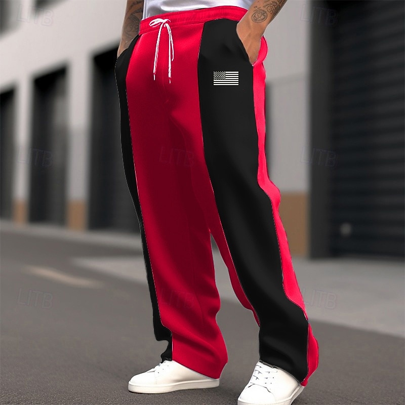 Men's Sweatpants Trousers Straight Leg Sweatpants Drawstring Pocket Elastic Waist Color Block National Flag Comfort Christmas Sports Outdoor Fashion Casual Black Red Micro-elastic4