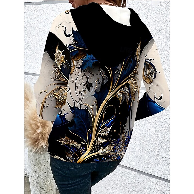 Women's Pullover Hoodie Sweatshirt Floral Graphic Abstract Casual Boho Long Sleeve Hooded Regular Tops Street Dailywear Patchwork Print Front Pocket Dark Blue Fall Winter2