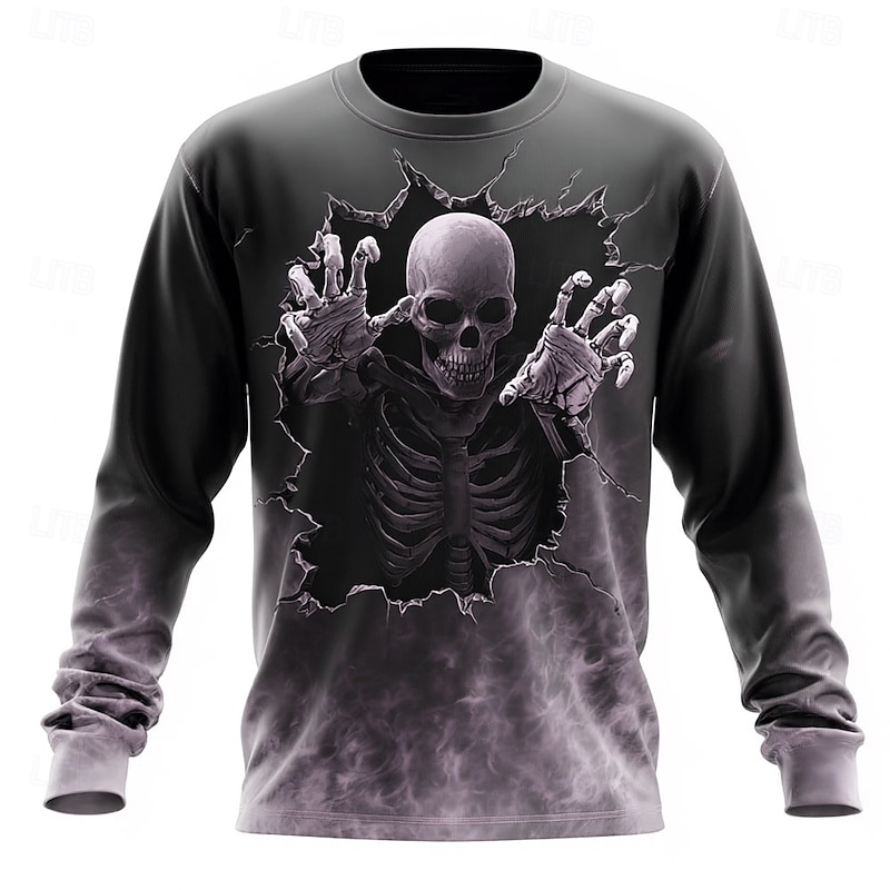 Halloween Men's Grim Reaper 3D T Shirt Long Sleeve T shirt 3D Print Crew Neck Shirt Fashion Exaggerated Street Casual Daily Purple Green Gray Summer Spring Fall Clothing Apparel S M L XL XXL XXXL3