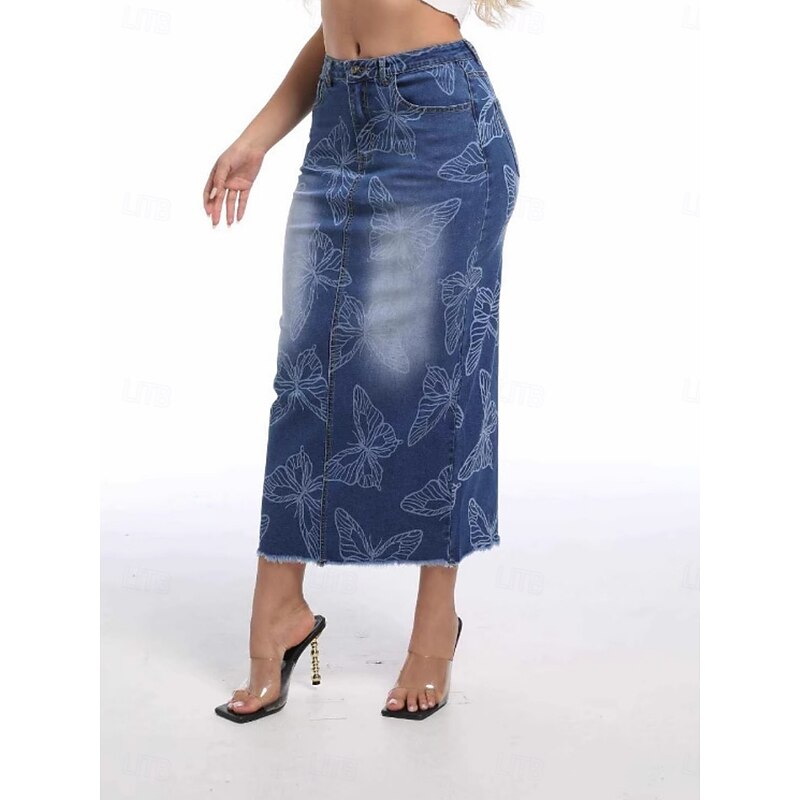 Women's Skirt Bodycon Fashion Casual Midi High Waist Skirts Floral Pocket Print Inelastic Street Daily Blue Spring Polyester Denim3