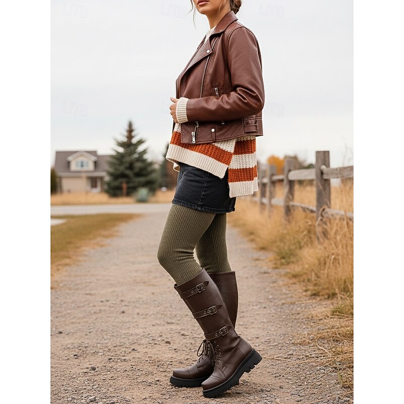Women's Brown Knee-High Riding Boots with Buckle Straps - Gothic Military Style Platform Boots for Fall Fashion, Cosplay and Festival Outfits3