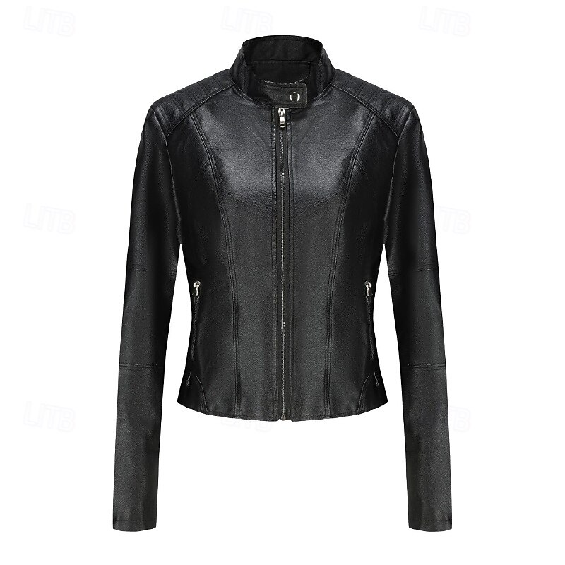 Women's Faux Leather Jacket Comfortable Zipper Pocket Casual Plain Outdoor Vacation Daily Wear Going out Regular Stand Collar Regular Fit Long Sleeve Outerwear Black Red Brown Fall Winter