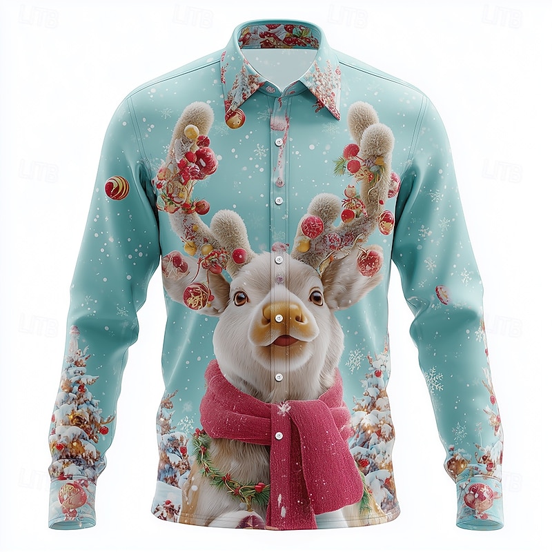 Christmas Men's Reindeer Snowflake Christmas Animal Shirt Button Up Shirt Long Sleeve Funny Outdoor Holiday Spring Fall Turndown 3D Print Collared Shirts Red Blue2