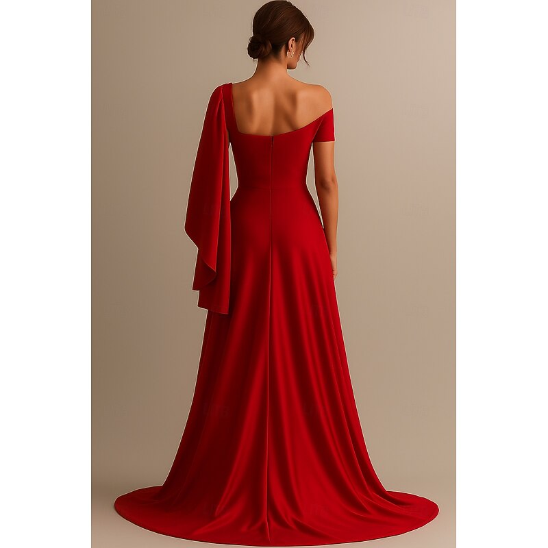 Red Black A-Line Evening Gown Elegant Dress Formal Wedding Floor Length 3/4 Length Sleeve Off Shoulder Pocket Stretch Satin with Ruched 20252