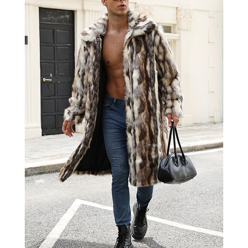 Men's Casual Jacket Faux Fur Coat Vacation Daily Thermal Warm Plush Fall Winter Color Block Fashion Streetwear Lapel Long Brown Jacket4