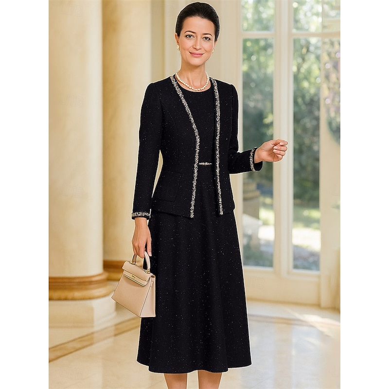 Two Piece Dress Sets Mother of the Bride Dress Formal Elegant Tailored Crew Neck Tea Length Woolen Long Sleeve Short Jacket Skirts with Sash / Ribbon