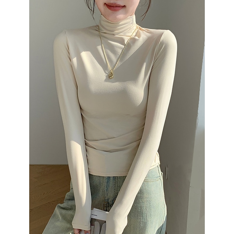 Women's Blouse Solid Color Stylish Casual Long Sleeve Turtleneck Regular Tops Daily Black Yellow Brown Dark Gray Apricot Spring Fall Winter3