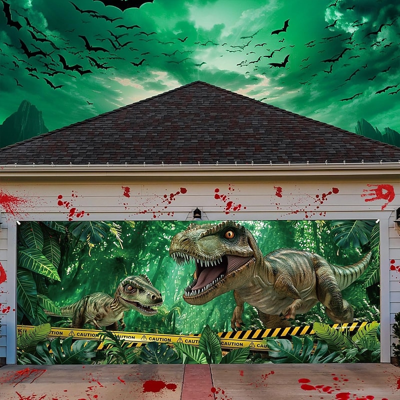 Halloween Garage Door Cover Large Hanging Backdrop Dinosaur 3D Dark Punk Gothic Style Party Outdoor Shooting Backgrounds Yard Haunted House Home Decor2