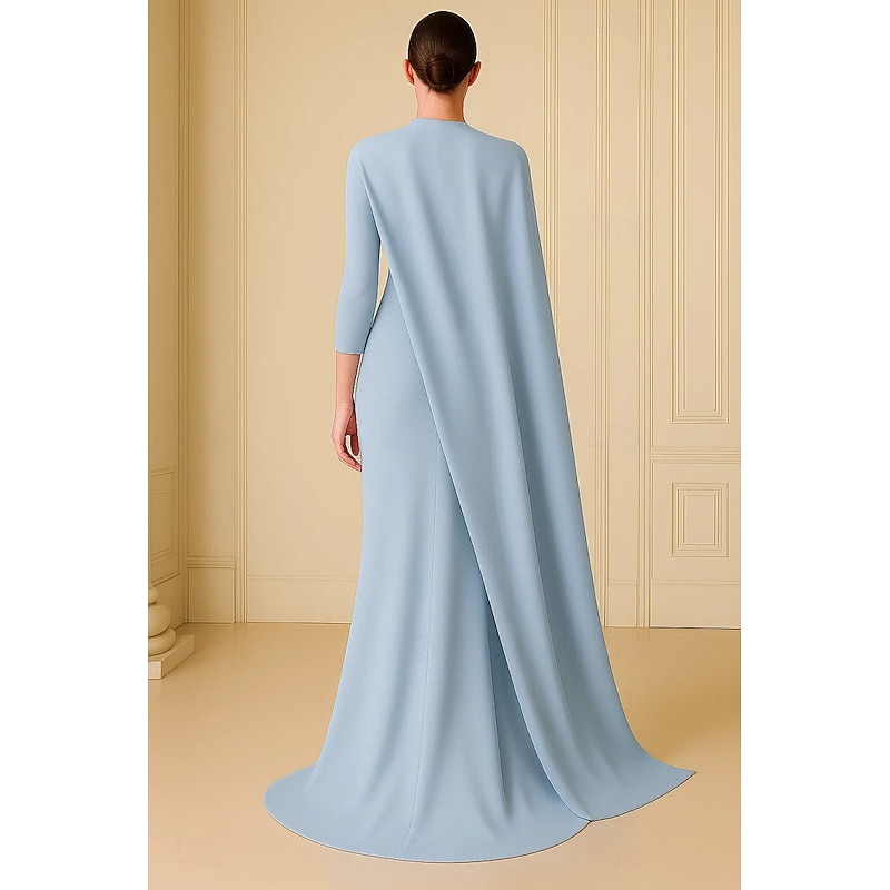 Formal Cape Dress Sheath / Column Evening Gown Detachable Cape Elegant Dress Formal Wedding Sweep / Brush Train 3/4 Length Sleeve High Neck Stretch Crepe with Ruched 20253