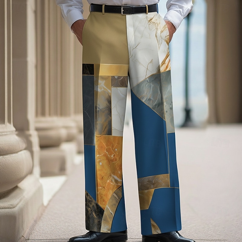 Men's Geometric Color Block Marble Trousers Dress Pants Suit Pants Mid Waist Fashion Casual Dailywear Holiday Streetwear Relaxed Fit Flat Front Dress Pants with Side Pockets Spring Fall 3D Print2