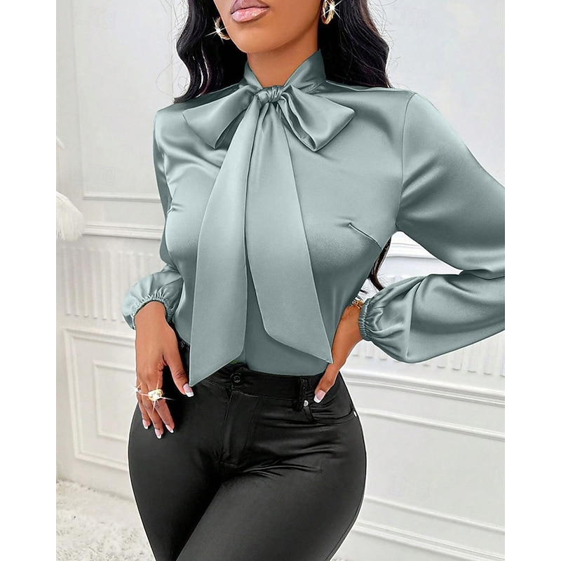 Women's Shirt Elegant Dressy Satin Plain Elegant Stylish Basic Long Sleeve Tie Neck Regular Tops Daily Going out Bow Green Spring Fall