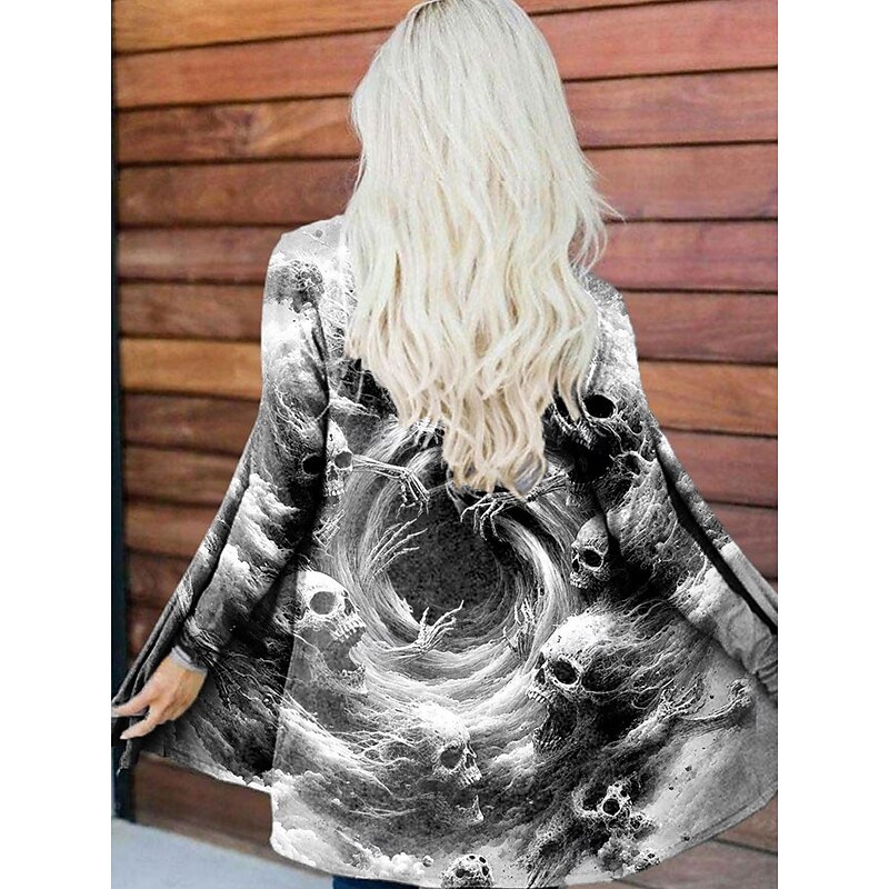 Women's Coat Lightweight Comfortable Print Vintage Fashion Artistic Casual Skull Casual Long Collarless Regular Fit Long Sleeve Outerwear Black White Orange Spring Fall4