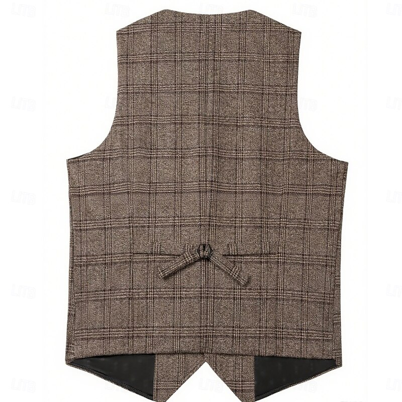 Men's Vest Tweed Vest Waistcoat Formal Wedding Vacation Casual Fashion Classic Spring Fall Pocket Buttons Polyester Woven Comfortable Plaid Single Breasted V Neck Regular Fit Black Champagne Navy3
