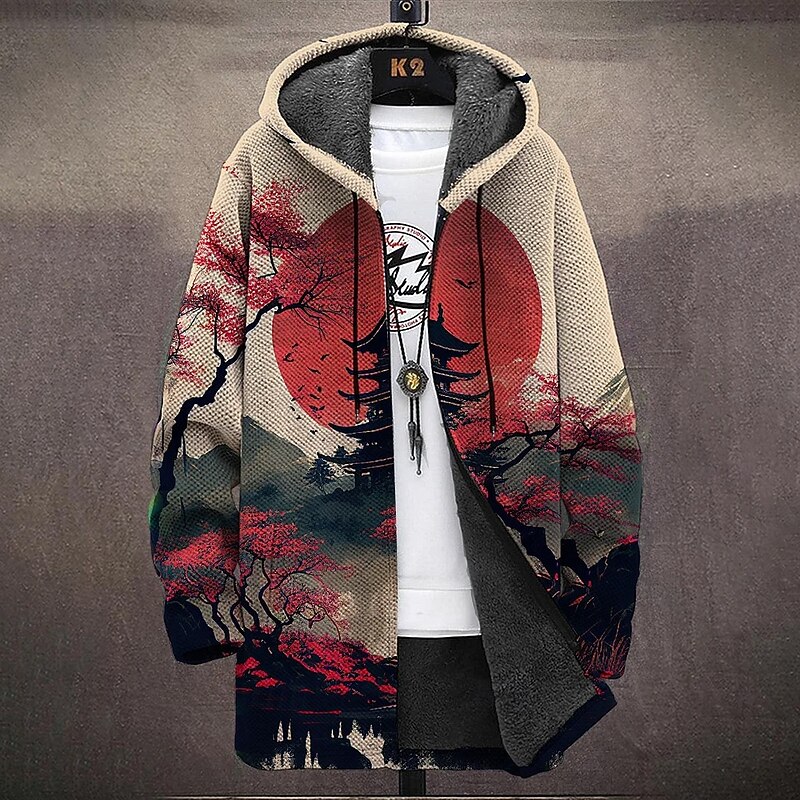 Men's Scenery Winter Coat Fleece Jacket Coat Thermal Warm Comfortable Casual Casual Daily Wear Zipper Pocket 3D Print Fall Winter Hooded Long Sleeve Red