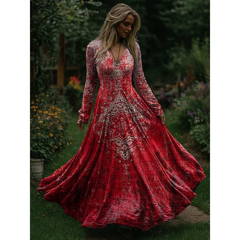 Christmas Women's Maxi Dress Pleated Dress Party Casual Boho Daily Date Going out Regular Fit Tribal Long Sleeve V Neck Black Red Fall Winter2