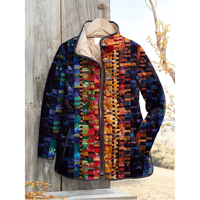 Women's Winter Jacket Puffer Jacket Warm Comfortable Pocket Buttons Print Fashion Daily Outdoor Plaid Vacation Casual Daily Single Breasted Regular Stand Collar Regular Fit Long Sleeve Outerwear3