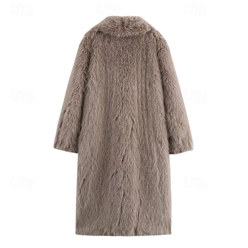 Women's Coat Faux Fur Coat Warm Comfortable Pocket Buttons Furs & Leathers Casual Plain Vacation Street Daily Wear Going out Long Turndown Regular Fit Long Sleeve Outerwear Khaki Fall Winter2