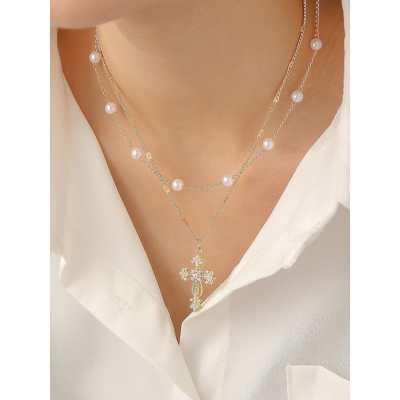 Women's Christmas Cross Necklace, Layered Gold Chain with Pearl and Rhinestone Pendant, Elegant Holiday Jewelry for Party, Wedding and Gift Giving3