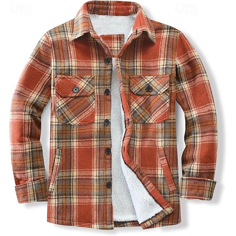 Men's Shirt Jacket Fleece Jacket Shacket Vacation Daily Warm Pocket Fall Winter Plaid Fashion Classic Lapel Regular Camel Black Blue Orange Brown Jacket2