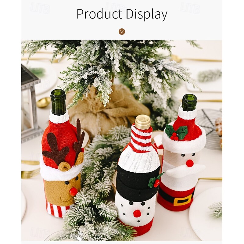 3pcs Christmas Knitted Plush Wine Bottle Covers Creative Cartoon Santa & Reindeer Wine Bags, Festive Holiday Table Decoration & Gift Wrap3