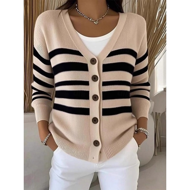 Women's Sweater Cardigan Elegant Fashion Streetwear Floral Striped V Neck Pocket Knitted Print Long Sleeve Regular Tops Knit Outdoor Daily Weekend White Pink Spring Fall3