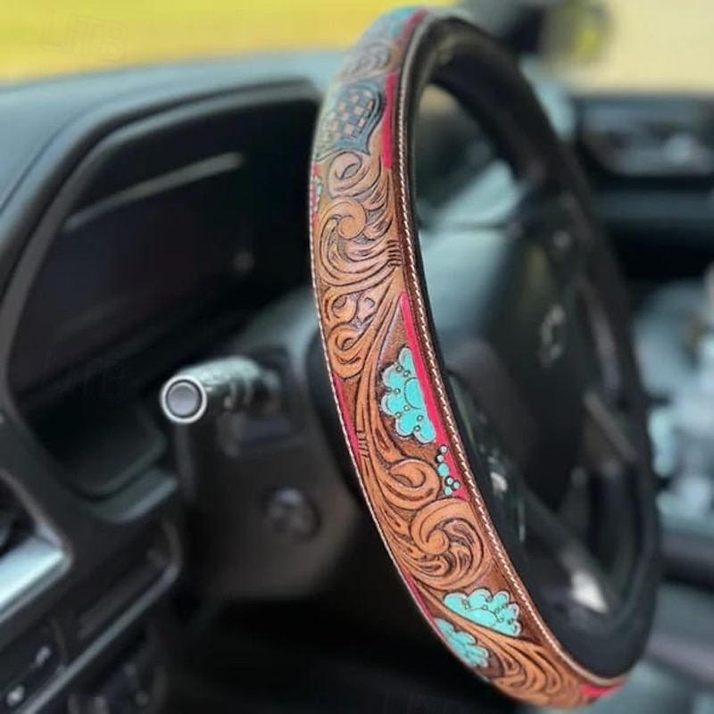 Western Steering Wheel Cover Leather Retro Cowboy Car & Truck Accessory, Universal 15 Inch Anti-Slip Wheel Cover for SUV, Pickup, Comfortable Grip, Easy to Install