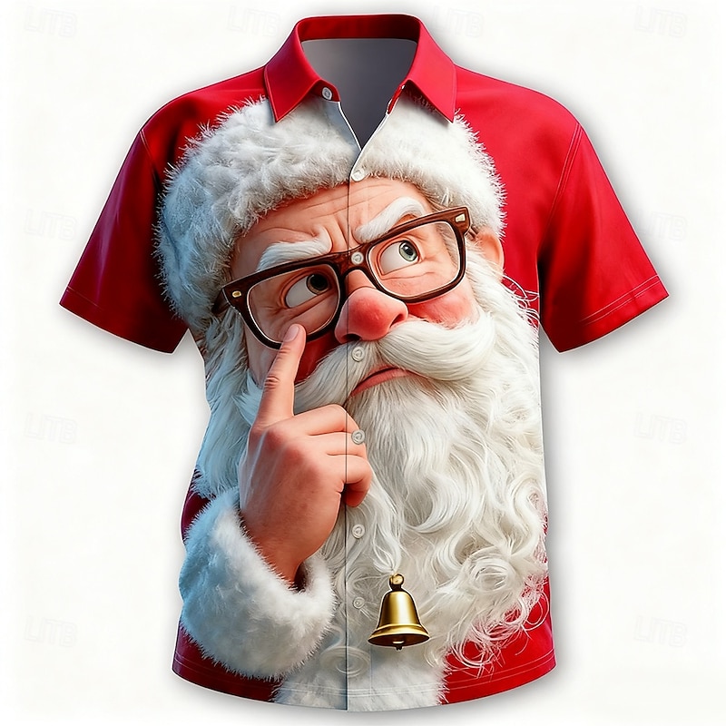 Christmas Men's Santa Claus Smile Face funny christmas Shirt Button Up Shirt Short Sleeve Funny Outdoor Holiday Summer Spring Turndown 3D Print Collared Shirts Red 1 Red Red 23