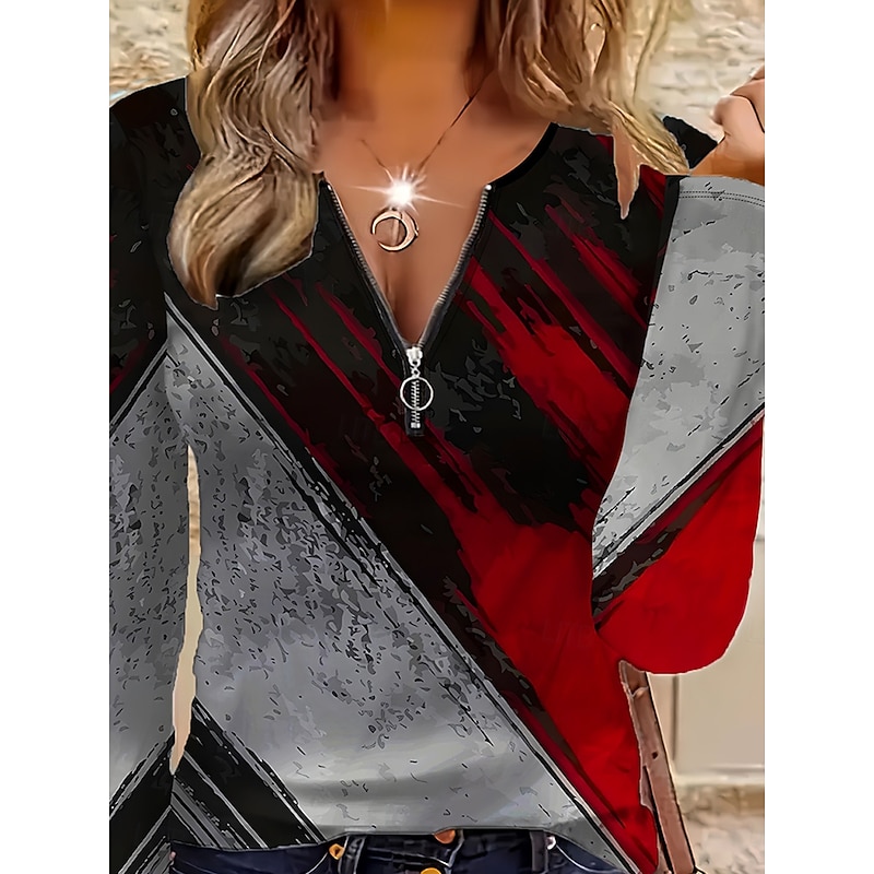 Women's T Shirt Graphic Geometric Color Block Vintage Stylish Classic Long Sleeve V Neck Regular Tops Daily Weekend Zipper Print Wine Fall Winter3