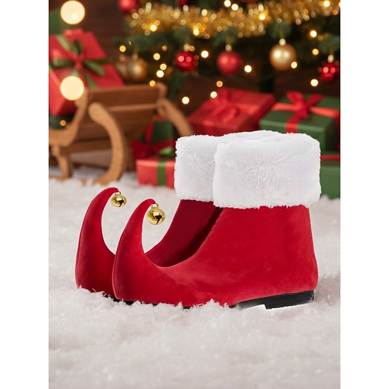Women's Red Christmas Elf Boots with Curled Toe and Jingle Bells – Festive Holiday Costume Shoes for Parties and Cosplay