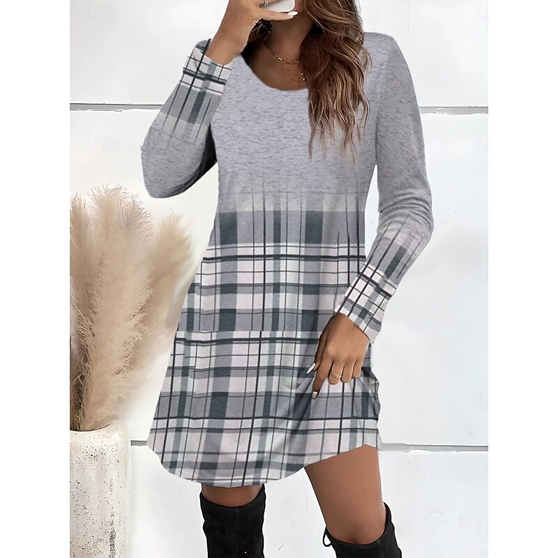 Women's Mini Dress T Shirt Dress Tee Dress Sundress A Line Dress Casual Daily Going out Regular Fit Graphic Plaid Abstract Long Sleeve Crew Neck Light Pink Pink Gray Fall Winter