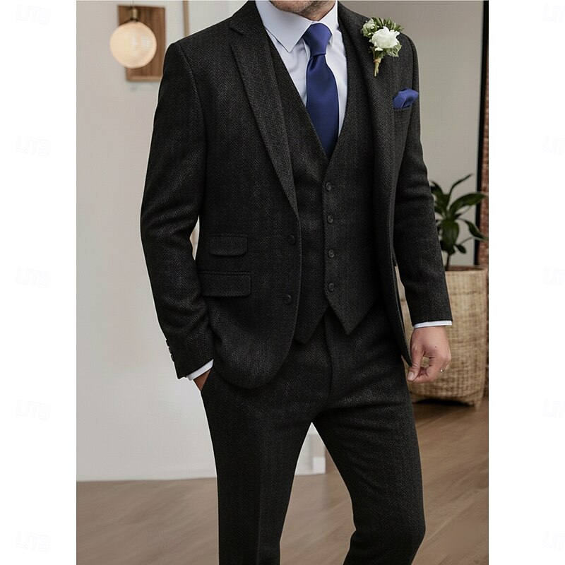 Men's Wedding Business Tweed Suits Notch Lapel Black Brown Daily Formal Herringbone Tailored Fit 3 Piece Single Breasted Two-buttons3