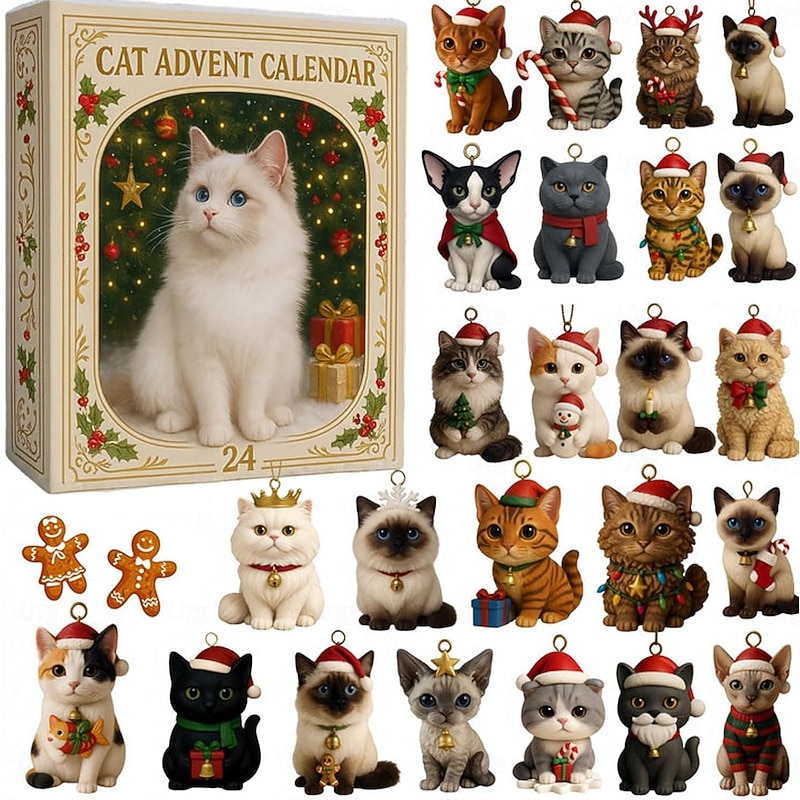Cat Lovers Advent Calendar 2025 2D Acrylic Ornaments, Christmas Countdown Calendar for Cat Owners, Holiday Tree Decor Cat Advent Calendar Set for Christmas Vacation