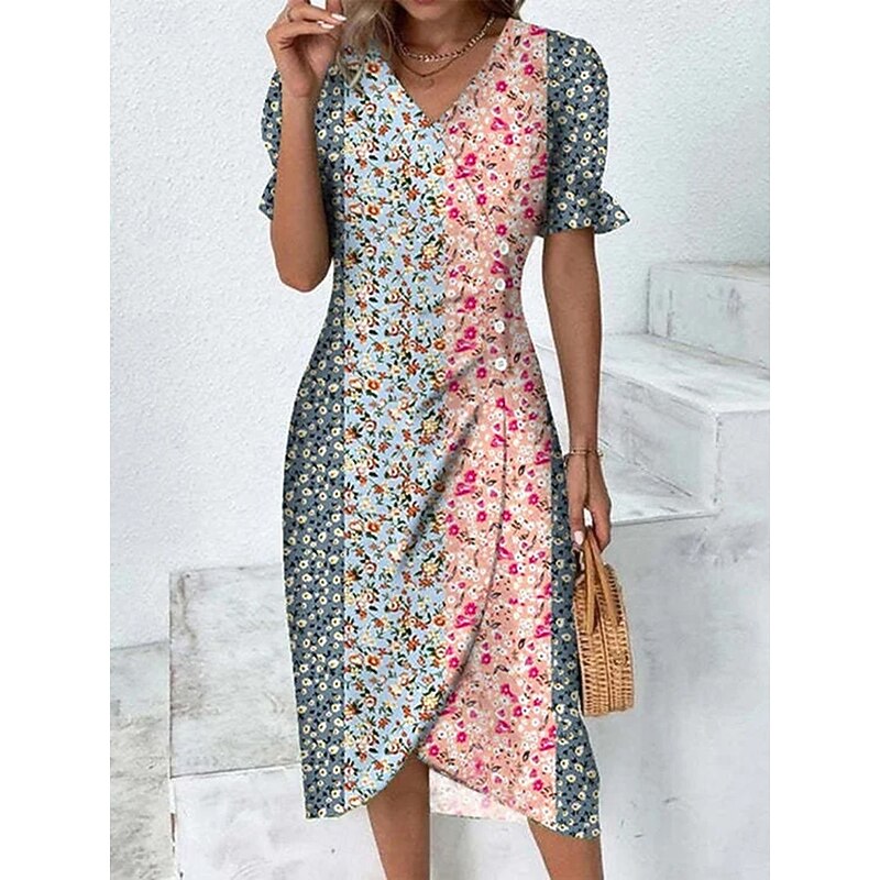 Women's Midi Dress Sheath Dress Wrap Dress Casual Daily Holiday Regular Fit Floral Graphic Short Sleeve V Neck Pink Red Gold Summer Spring Fall2
