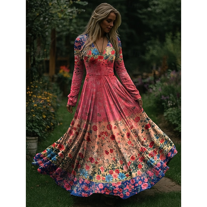 Christmas Women's Maxi Dress Pleated Dress Party Casual Boho Daily Date Going out Regular Fit Floral Long Sleeve V Neck Dark Pink Spring Fall Winter