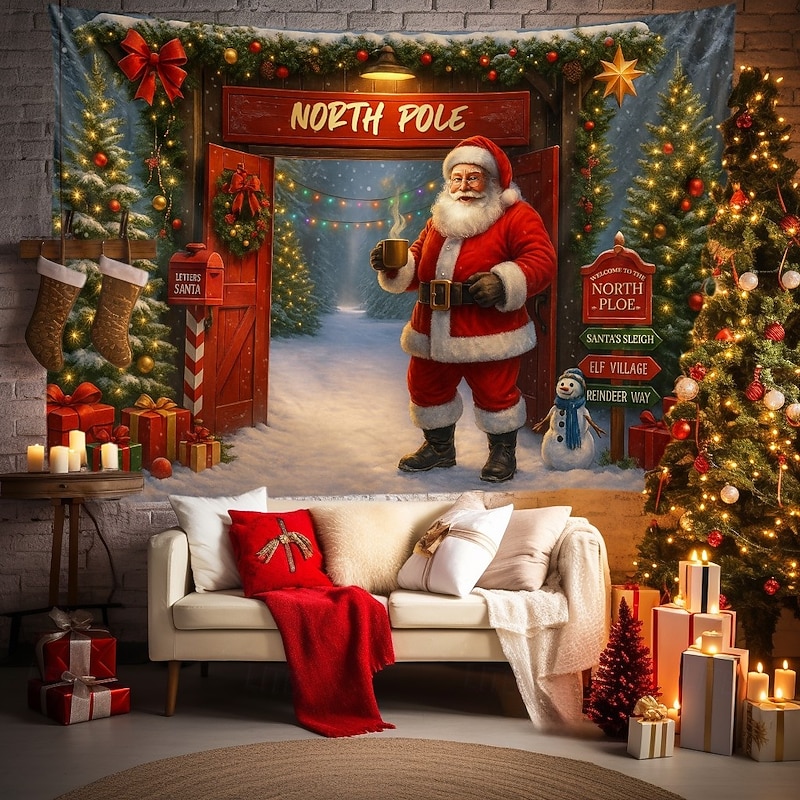 Christmas Wall Tapestry Backdrop, Santa Claus at North Pole with Christmas Tree and Gifts, 2025 Xmas Holiday Wall Hanging for Bedroom Living Room Party and Outdoor
