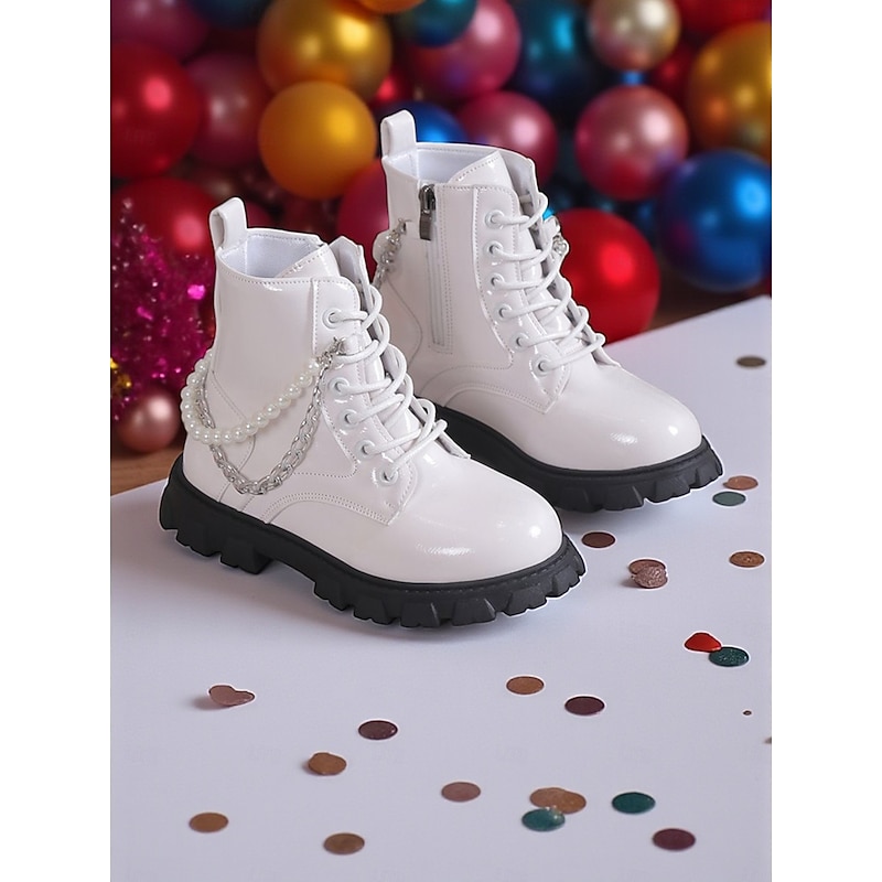 Korean Idol Inspired Pop Star Costume Shoes Girls' Combat Boots with Chunky Sole Lace-Up Design and Pearl Chain Detail for Fashion Outfits and Casual Wear2